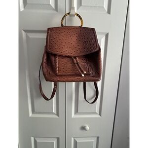 Cato Brown Ostrich Crocodile Embossed Backpack Tortoise Handle Cognac Bag